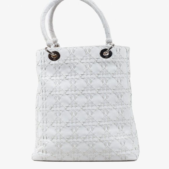 Christian Dior White Lambskin Stitched Woven Lady Dior Tote - Picture 4 of 11
